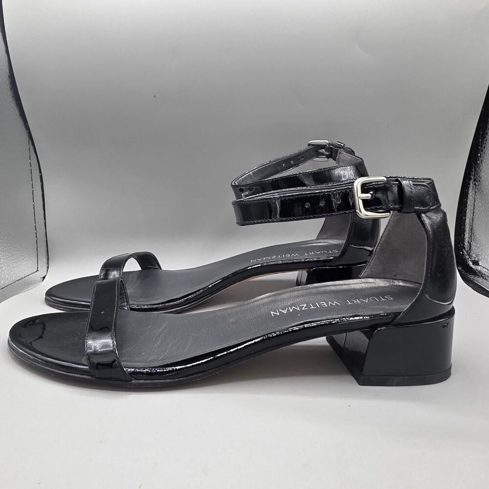 Stuart Weitzman Nudistjune Black Patent Leather Low Block Heel Sandals Size 9.5 - Picture 2 of 9